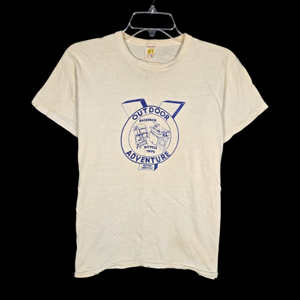 Vintage 70s Outdoor Adventure T-Shirt Mens Large Russell Westport CT Water Print